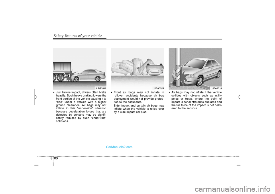 Hyundai Sonata 2013  Owners Manual Safety features of your vehicle60 3 Just before impact, drivers often brake
heavily. Such heavy braking lowers the
front portion of the vehicle causing it to
“ride” under a vehicle with a higher
