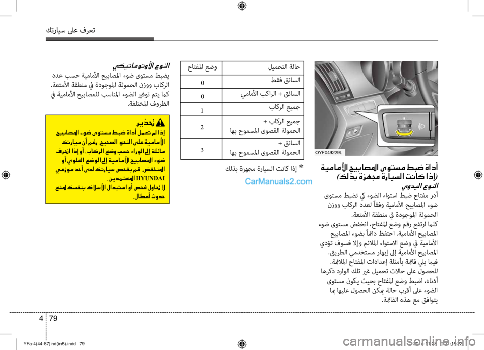 Hyundai Sonata 2013 دليل المالك كترايس لىع فرعت
79
4
يكيتاموتولأا عونلا
ؤbدع بسح ةيماملأا حيباصلما ءوض ىوتسم طبضي
.ةعتملأا ةقطنم في ةؤbوجولما ة Hyundai Sonata 2013 دليل المالك كترايس لىع فرعت
79
4
يكيتاموتولأا عونلا
ؤbدع بسح ةيماملأا حيباصلما ءوض ىوتسم طبضي
.ةعتملأا ةقطنم في ةؤbوجولما ة