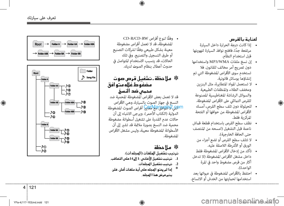 Hyundai Sonata 2013 دليل المالك كترايس لىع فرعت
121
4
CD-R/CD-RW صارقأ عونل ا ًقفو
•
ةطوغضم صارقأ لمعت لا دق ،ةطوغضلما
عينصتلا تاكشرل ا ًق ف\f يعيب Hyundai Sonata 2013 دليل المالك كترايس لىع فرعت
121
4
CD-R/CD-RW صارقأ عونل ا ًقفو
•
ةطوغضم صارقأ لمعت لا دق ،ةطوغضلما
عينصتلا تاكشرل ا ًق ف\f يعيب