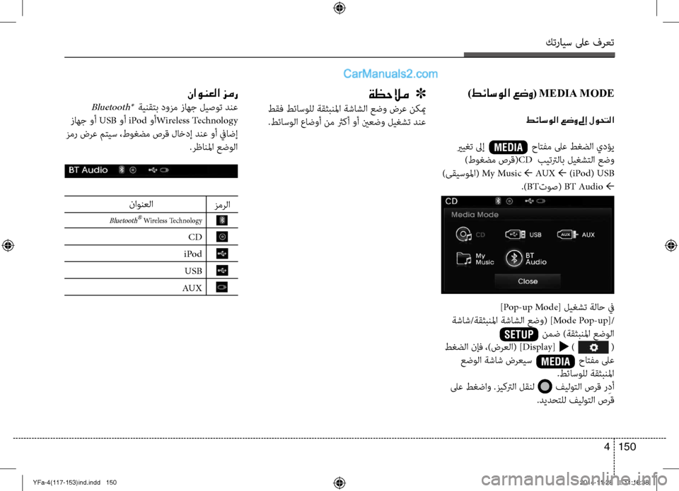 Hyundai Sonata 2013  دليل المالك كترايس لىع فرعت
150 
4
ةظحلام   ]
 طقف طئاسولل ةقثبنلما ةشاشلا عض\ض\f ضرع نكيم
.طئاسولا عاض\fأ نم ثركأ \fأ ينعض\f ليغشت 