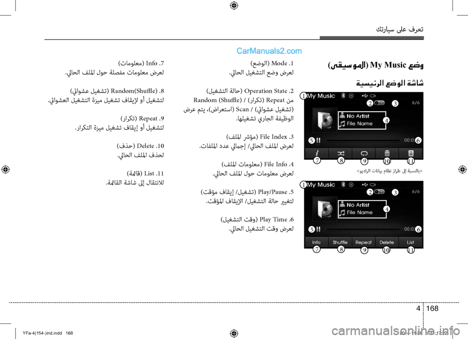 Hyundai Sonata 2013 دليل المالك كترايس لىع فرعت
168
4
)ىقيسولما( My Music عضو
ةيسيئرلا عضولا ةشاش
)عضولا( Mode .1
.لياحلا لي\fشتلا عضو \bرعل
)لي\fشتلا ةلاح( Hyundai Sonata 2013 دليل المالك كترايس لىع فرعت
168
4
)ىقيسولما( My Music عضو
ةيسيئرلا عضولا ةشاش
)عضولا( Mode .1
.لياحلا لي\fشتلا عضو \bرعل
)لي\fشتلا ةلاح(