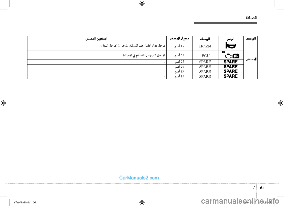 Hyundai Sonata 2013 دليل المالك ةنايصلا
56
7
يملمحا نوكلما فصولا
رهصلما
زمرلارهصلما رايعم
يربمأ 15
يربمأ 25 يربمأ 30
يربمأ 20
يربمأ 15
يربمأ 10
-
-
-
-
)ك Hyundai Sonata 2013 دليل المالك ةنايصلا
56
7
يملمحا نوكلما فصولا
رهصلما
زمرلارهصلما رايعم
يربمأ 15
يربمأ 25 يربمأ 30
يربمأ 20
يربمأ 15
يربمأ 10
-
-
-
-
)ك