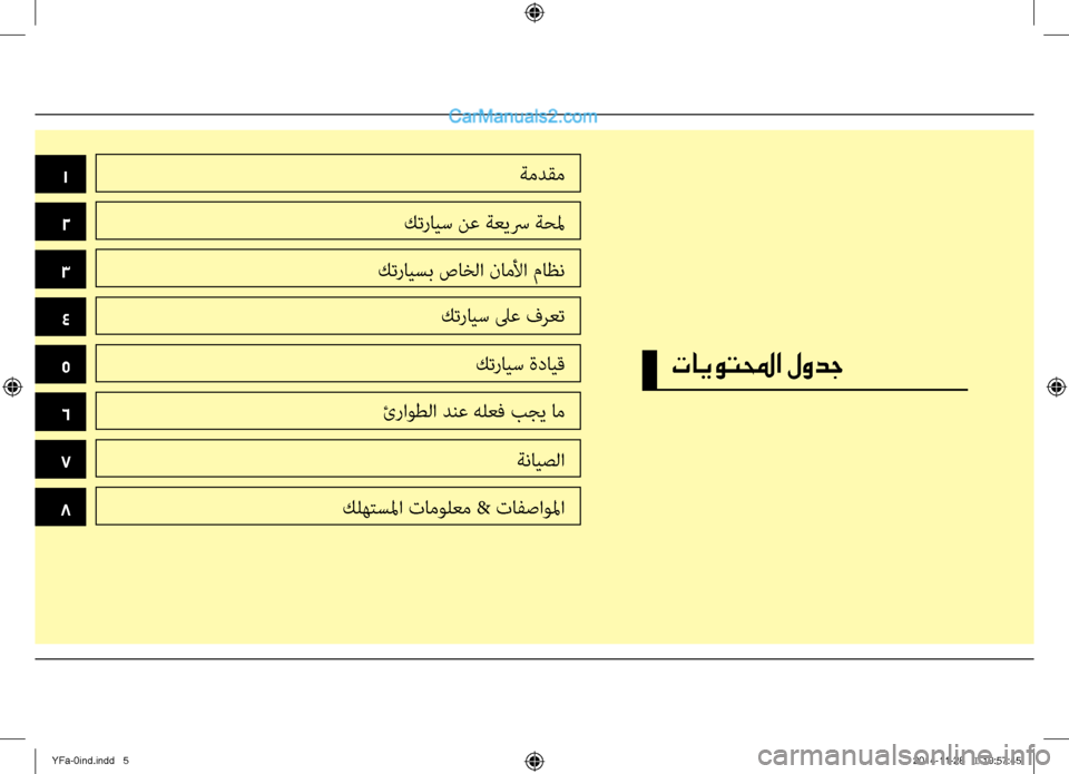 Hyundai Sonata 2013 دليل المالك 1
تايوتلمحا لودج
2
3
4
5
6
7
8
ةمدقم
كترايس نع ةعيسر ةحلم
كترايسب صاخلا \fاملأا ماظن كترايس لىع فرعت
كترايس ةدايق
ئرا Hyundai Sonata 2013 دليل المالك 1
تايوتلمحا لودج
2
3
4
5
6
7
8
ةمدقم
كترايس نع ةعيسر ةحلم
كترايسب صاخلا \fاملأا ماظن كترايس لىع فرعت
كترايس ةدايق
ئرا