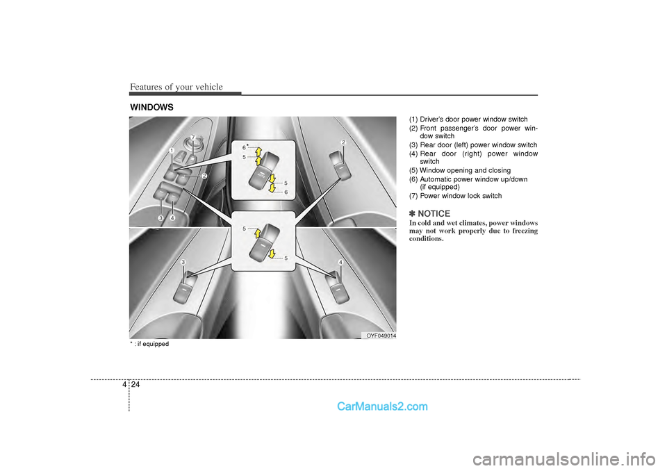 Hyundai Sonata 2012 Owners Manual Features of your vehicle24
4
(1) Driver’s door power window switch
(2) Front passenger’s door power win-
dow switch
(3) Rear door (left) power window switch
(4) Rear door (right) power window
swi Hyundai Sonata 2012 Owners Manual Features of your vehicle24
4
(1) Driver’s door power window switch
(2) Front passenger’s door power win-
dow switch
(3) Rear door (left) power window switch
(4) Rear door (right) power window
swi