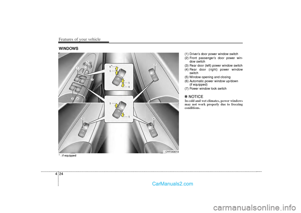 Hyundai Sonata Features of your vehicle24
4
(1) Driver’s door power window switch
(2) Front passenger’s door power win-
dow switch
(3) Rear door (left) power window switch
(4)  Rear door (right) power window
swi