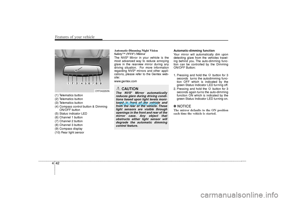 Hyundai Sonata 2012 Owners Manual Features of your vehicle42
4(1) Telematics button
(2) Telematics button
(3) Telematics button
(4) Compass control button & Dimming
ON/OFF button
(5) Status indicator LED
(6) Channel 1 button
(7) Chan Hyundai Sonata 2012 Owners Manual Features of your vehicle42
4(1) Telematics button
(2) Telematics button
(3) Telematics button
(4) Compass control button & Dimming
ON/OFF button
(5) Status indicator LED
(6) Channel 1 button
(7) Chan