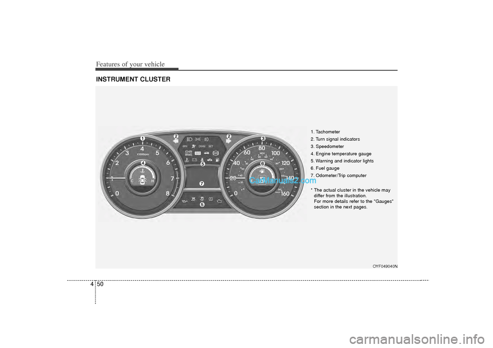 Hyundai Sonata 2012 Owners Manual Features of your vehicle50
4INSTRUMENT CLUSTER
1. Tachometer
2. Turn signal indicators
3. Speedometer
4. Engine temperature gauge
5. Warning and indicator lights
6. Fuel gauge
7. Odometer/Trip comput Hyundai Sonata 2012 Owners Manual Features of your vehicle50
4INSTRUMENT CLUSTER
1. Tachometer
2. Turn signal indicators
3. Speedometer
4. Engine temperature gauge
5. Warning and indicator lights
6. Fuel gauge
7. Odometer/Trip comput