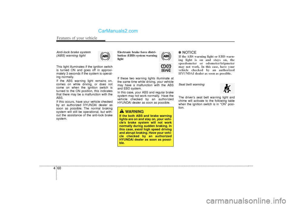 Hyundai Sonata 2012 Owners Manual Features of your vehicle60
4Anti-lock brake system
(ABS) warning light This light illuminates if the ignition switch
is turned ON and goes off in approxi-
mately 3 seconds if the system is operat-
ing Hyundai Sonata 2012 Owners Manual Features of your vehicle60
4Anti-lock brake system
(ABS) warning light This light illuminates if the ignition switch
is turned ON and goes off in approxi-
mately 3 seconds if the system is operat-
ing