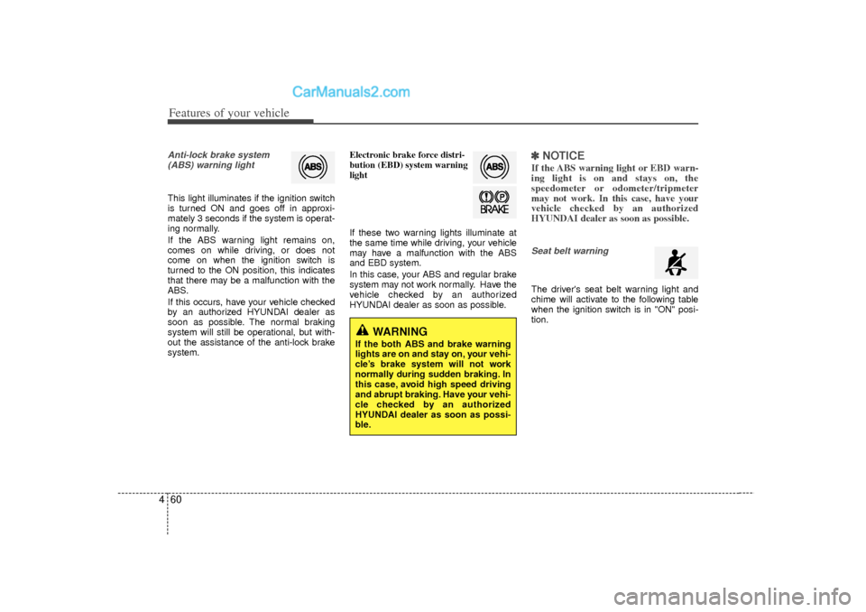 Hyundai Sonata Features of your vehicle60
4Anti-lock brake system
(ABS) warning light This light illuminates if the ignition switch
is turned ON and goes off in approxi-
mately 3 seconds if the system is operat-
ing