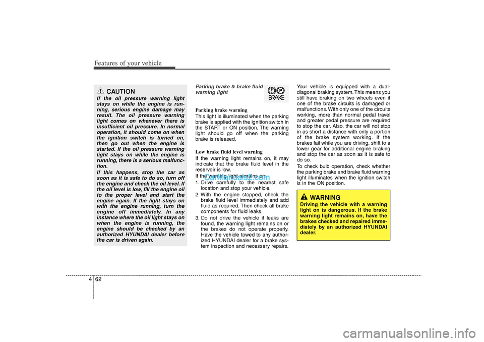 Hyundai Sonata 2012  Owners Manual Features of your vehicle62
4
Parking brake & brake fluid
warning lightParking brake warning 
This light is illuminated when the parking
brake is applied with the ignition switch in
the START or ON pos