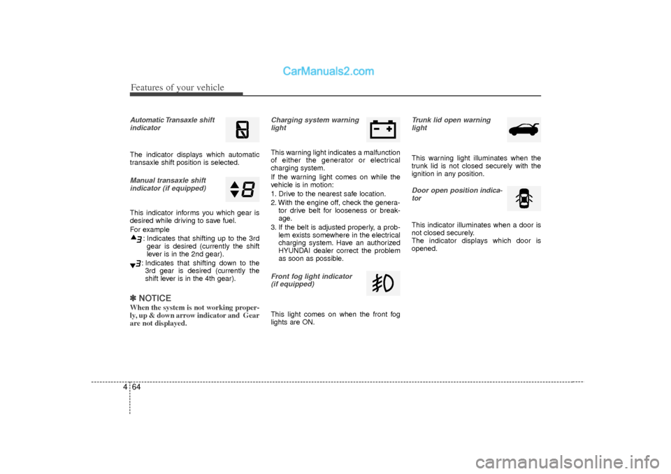 Hyundai Sonata 2012 Owners Manual Features of your vehicle64
4Automatic Transaxle shift
indicatorThe indicator displays which automatic
transaxle shift position is selected.Manual transaxle shift indicator (if equipped)This indicator Hyundai Sonata 2012 Owners Manual Features of your vehicle64
4Automatic Transaxle shift
indicatorThe indicator displays which automatic
transaxle shift position is selected.Manual transaxle shift indicator (if equipped)This indicator