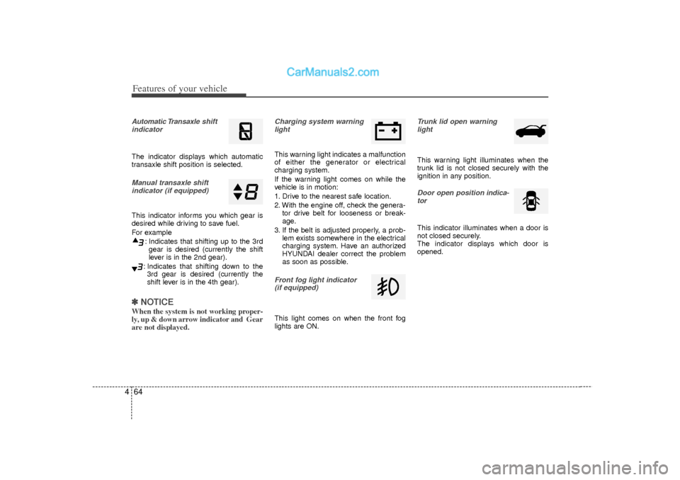 Hyundai Sonata Features of your vehicle64
4Automatic Transaxle shift
indicatorThe indicator displays which automatic
transaxle shift position is selected.Manual transaxle shift indicator (if equipped)This indicator 