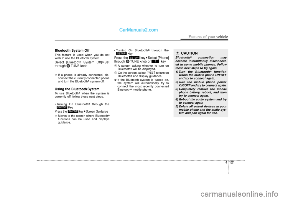 Hyundai Sonata 2012  Owners Manual 4 121
Features of your vehicle
Bluetooth System OffThis feature is used when you do not
wish to use the Bluetooth system.Select [Bluetooth System Off] Set
through TUNE knob❈ If a phone is already co