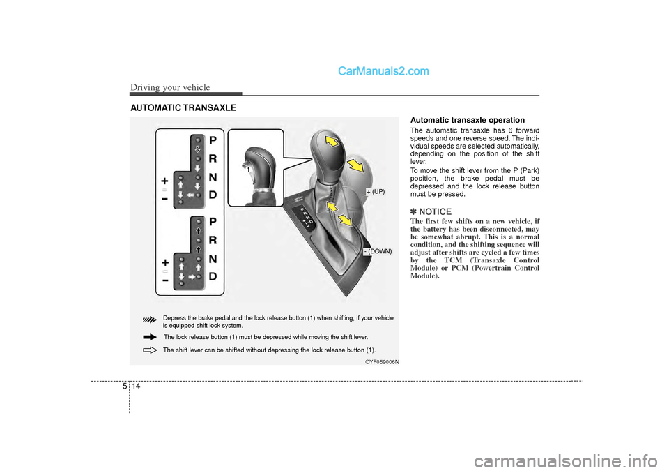 Hyundai Sonata Driving your vehicle14
5
Automatic transaxle operationThe automatic transaxle has 6 forward
speeds and one reverse speed. The indi-
vidual speeds are selected automatically,
depending on the position 