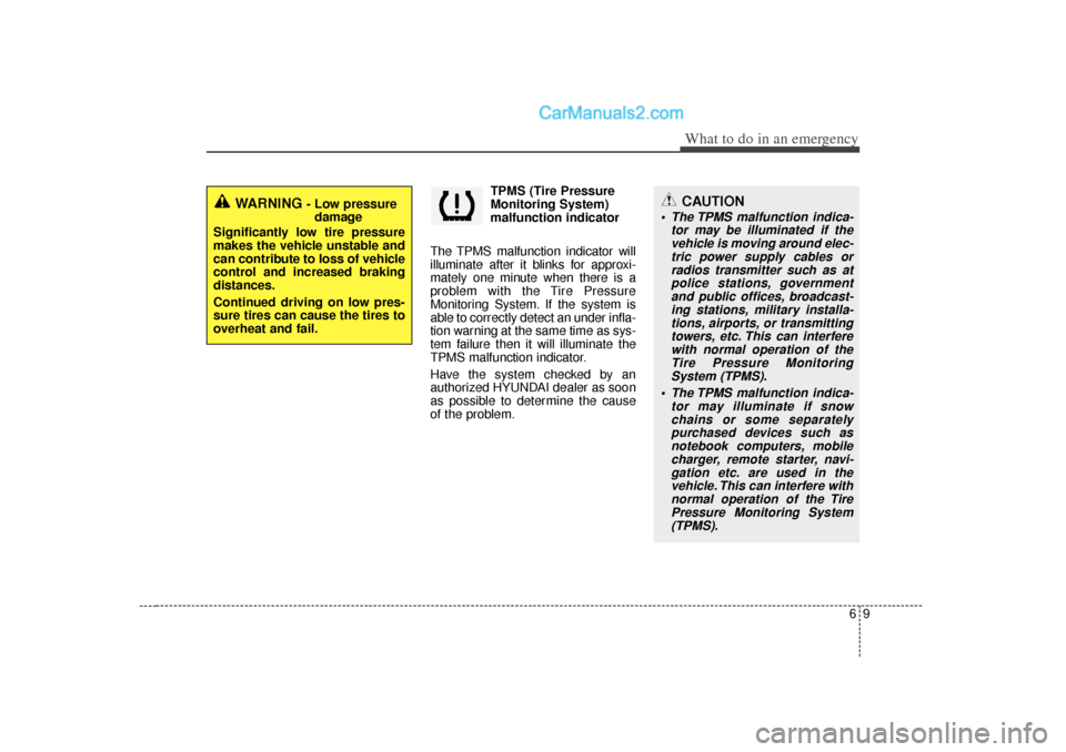Hyundai Sonata 2012  Owners Manual 69
What to do in an emergency
TPMS (Tire Pressure
Monitoring System)
malfunction indicator
The TPMS malfunction indicator will
illuminate after it blinks for approxi-
mately one minute when there is a