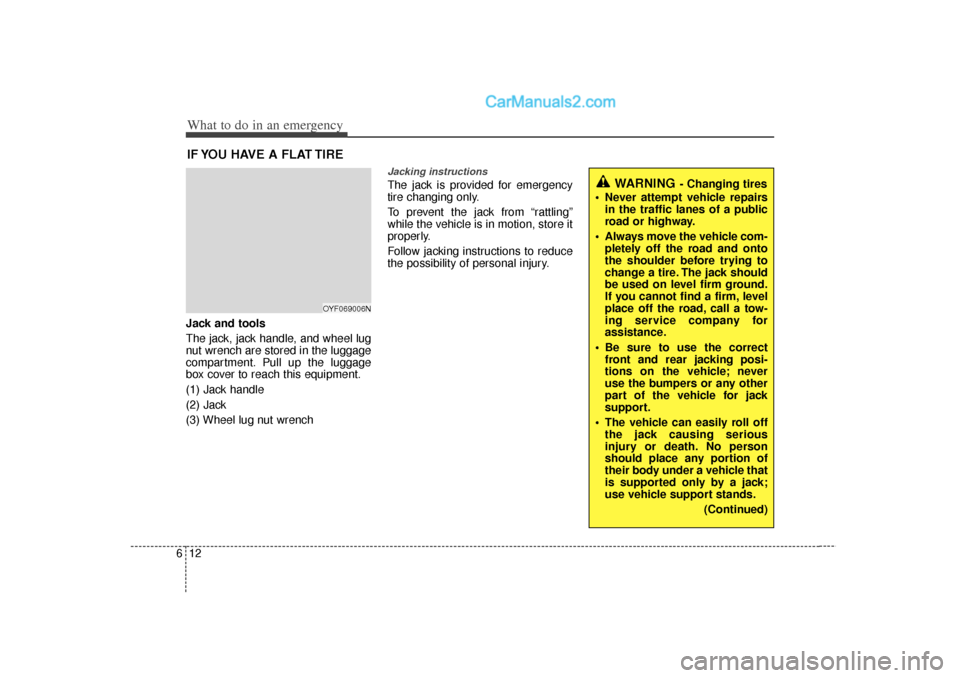 Hyundai Sonata 2012  Owners Manual What to do in an emergency12
6IF YOU HAVE A FLAT TIREJack and tools
The jack, jack handle, and wheel lug
nut wrench are stored in the luggage
compartment. Pull up the luggage
box cover to reach this e