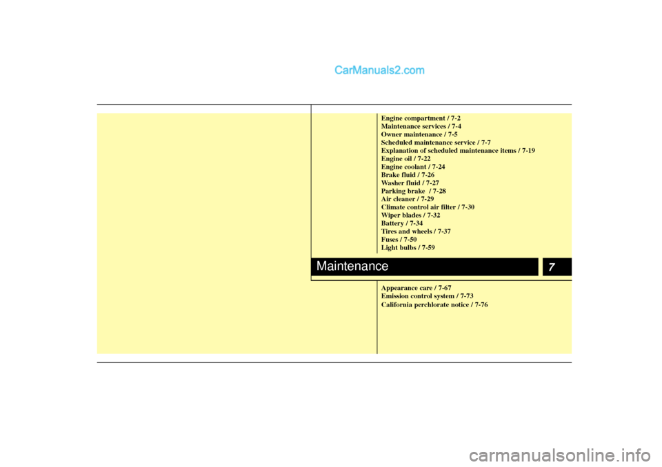 Hyundai Sonata 7
Engine compartment / 7-2
Maintenance services / 7-4
Owner maintenance / 7-5
Scheduled maintenance service / 7-7
Explanation of scheduled maintenance items / 7-19
Engine oil / 7-22
Engine coolant / 7