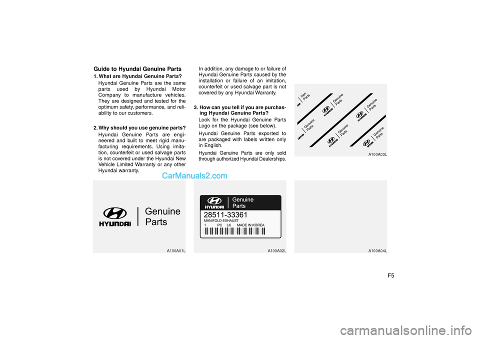 Hyundai Sonata 2012 Owners Manual F5
Guide to Hyundai Genuine Parts
1. What are Hyundai Genuine Parts?
Hyundai Genuine Parts are the same
parts used by Hyundai Motor
Company to manufacture vehicles.
They are designed and tested for th Hyundai Sonata 2012 Owners Manual F5
Guide to Hyundai Genuine Parts
1. What are Hyundai Genuine Parts?
Hyundai Genuine Parts are the same
parts used by Hyundai Motor
Company to manufacture vehicles.
They are designed and tested for th