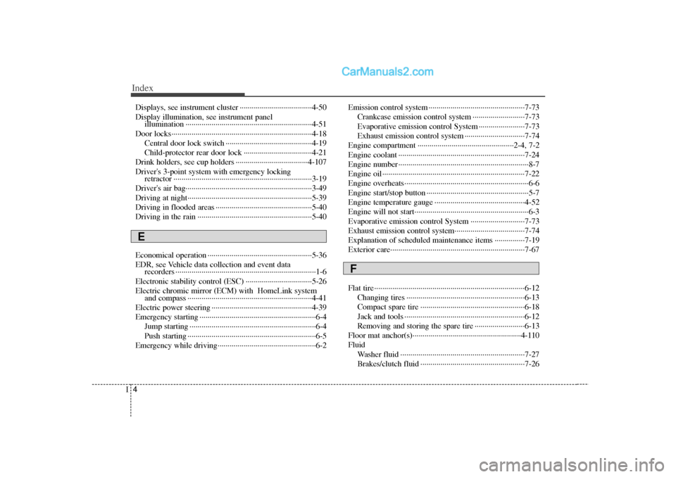Hyundai Sonata 2012 Owners Manual Index4I
Displays, see instrument cluster ··················\
··················\
4-50
Display illumination, see instrument panelillumination ··········· Hyundai Sonata 2012 Owners Manual Index4I
Displays, see instrument cluster ··················\
··················\
4-50
Display illumination, see instrument panelillumination ···········