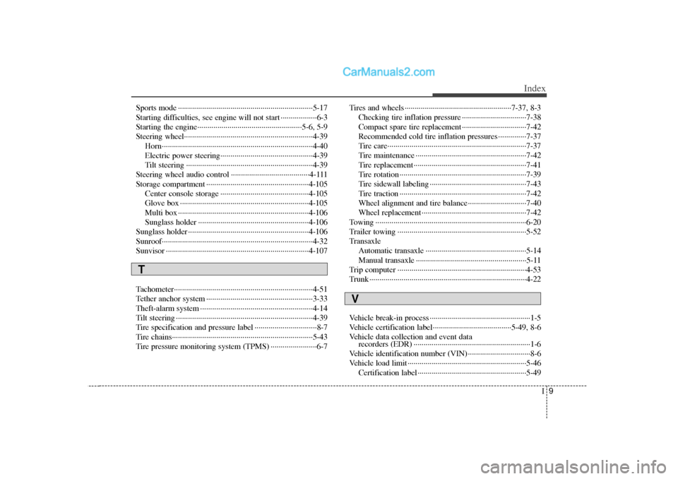 Hyundai Sonata 2012 Owners Manual I9
Index
Sports mode ··················\
··················\
··················\
·············5-17
Starting difficulties, see engine Hyundai Sonata 2012 Owners Manual I9
Index
Sports mode ··················\
··················\
··················\
·············5-17
Starting difficulties, see engine