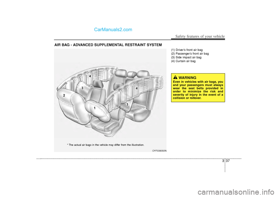 Hyundai Sonata 2012 Workshop Manual 337
Safety features of your vehicle
(1) Driver’s front air bag
(2) Passenger’s front air bag
(3) Side impact air bag
(4) Curtain air bag
AIR BAG - ADVANCED SUPPLEMENTAL RESTRAINT SYSTEM
OYF039050 Hyundai Sonata 2012 Workshop Manual 337
Safety features of your vehicle
(1) Driver’s front air bag
(2) Passenger’s front air bag
(3) Side impact air bag
(4) Curtain air bag
AIR BAG - ADVANCED SUPPLEMENTAL RESTRAINT SYSTEM
OYF039050