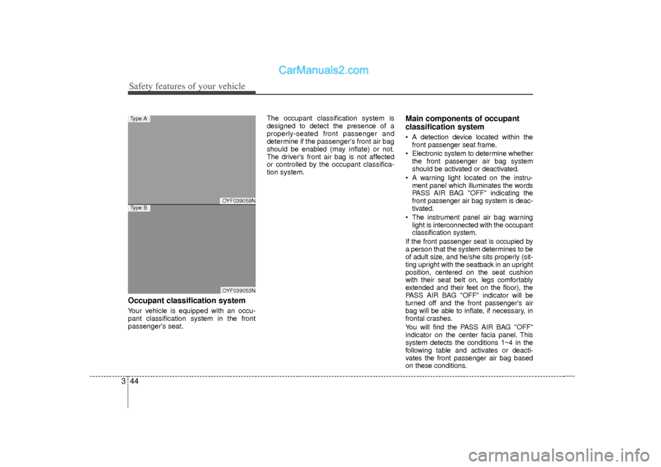 Hyundai Sonata 2012 Repair Manual Safety features of your vehicle44
3Occupant classification systemYour vehicle is equipped with an occu-
pant classification system in the front
passengers seat. The occupant classification system is
Hyundai Sonata 2012 Repair Manual Safety features of your vehicle44
3Occupant classification systemYour vehicle is equipped with an occu-
pant classification system in the front
passengers seat. The occupant classification system is