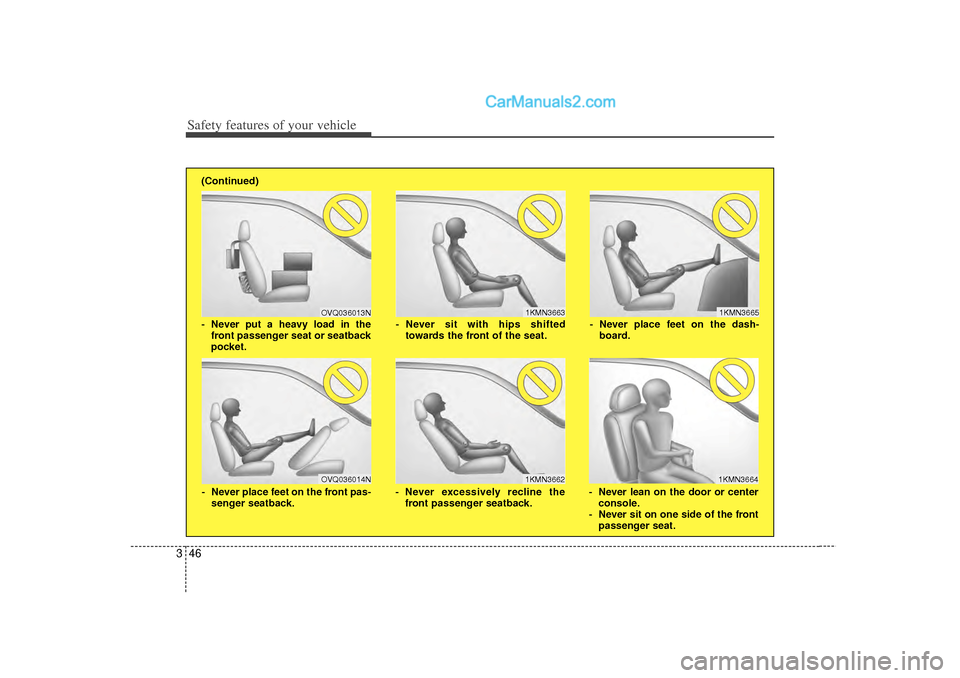 Hyundai Sonata 2012  Owners Manual Safety features of your vehicle46
3
1KMN3663
1KMN36641KMN3665
- Never sit with hips shifted
towards the front of the seat.
- Never lean on the door or centerconsole.
- Never sit on one side of the fro