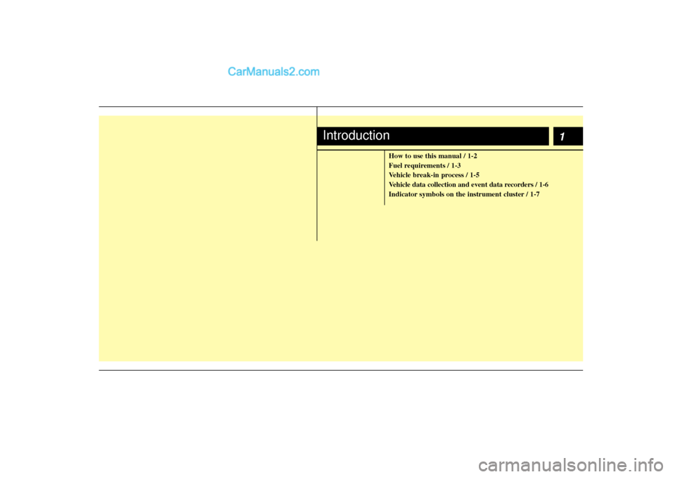 Hyundai Sonata 2012  Owners Manual 1
How to use this manual / 1-2
Fuel requirements / 1-3
Vehicle break-in process / 1-5
Vehicle data collection and event data recorders / 1-6
Indicator symbols on the instrument cluster / 1-7
Introduct