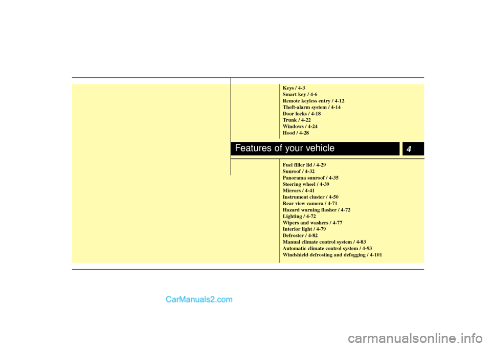 Hyundai Sonata 2012  Owners Manual 4
Keys / 4-3
Smart key / 4-6
Remote keyless entry / 4-12
Theft-alarm system / 4-14
Door locks / 4-18
Trunk / 4-22
Windows / 4-24
Hood / 4-28
Fuel filler lid / 4-29
Sunroof / 4-32
Panorama sunroof / 4-