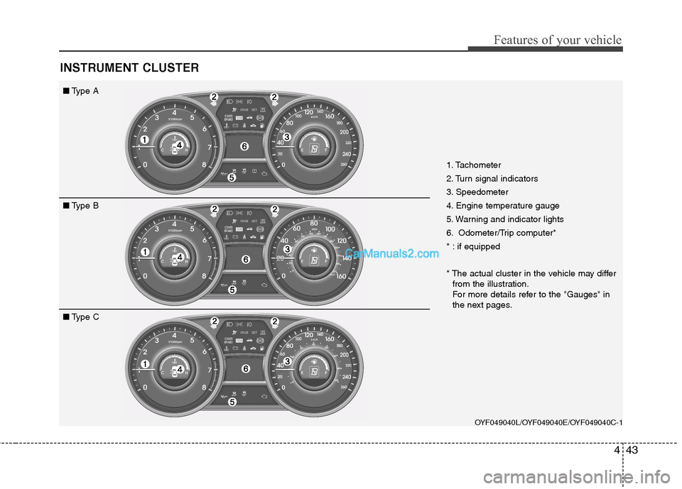 Hyundai Sonata 2012  Owners Manual - RHD (UK, Australia) 443
Features of your vehicle
INSTRUMENT CLUSTER
1. Tachometer  
2. Turn signal indicators
3. Speedometer
4. Engine temperature gauge
5. Warning and indicator lights
6. Odometer/Trip computer*
* : if e