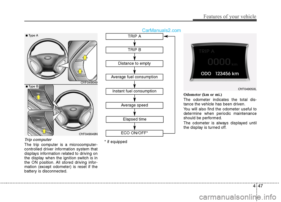 Hyundai Sonata 447
Features of your vehicle
Trip computer
The trip computer is a microcomputer- 
controlled driver information system that
displays information related to driving on
the display when the ignition swi
