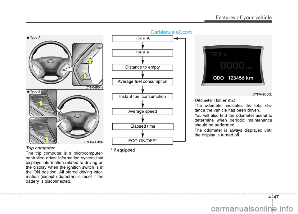 Hyundai Sonata 2012 Owners Manual - RHD (UK, Australia) 447
Features of your vehicle
Trip computer
The trip computer is a microcomputer-
controlled driver information system that
displays information related to driving on
the display when the ignition swi Hyundai Sonata 2012 Owners Manual - RHD (UK, Australia) 447
Features of your vehicle
Trip computer
The trip computer is a microcomputer-
controlled driver information system that
displays information related to driving on
the display when the ignition swi
