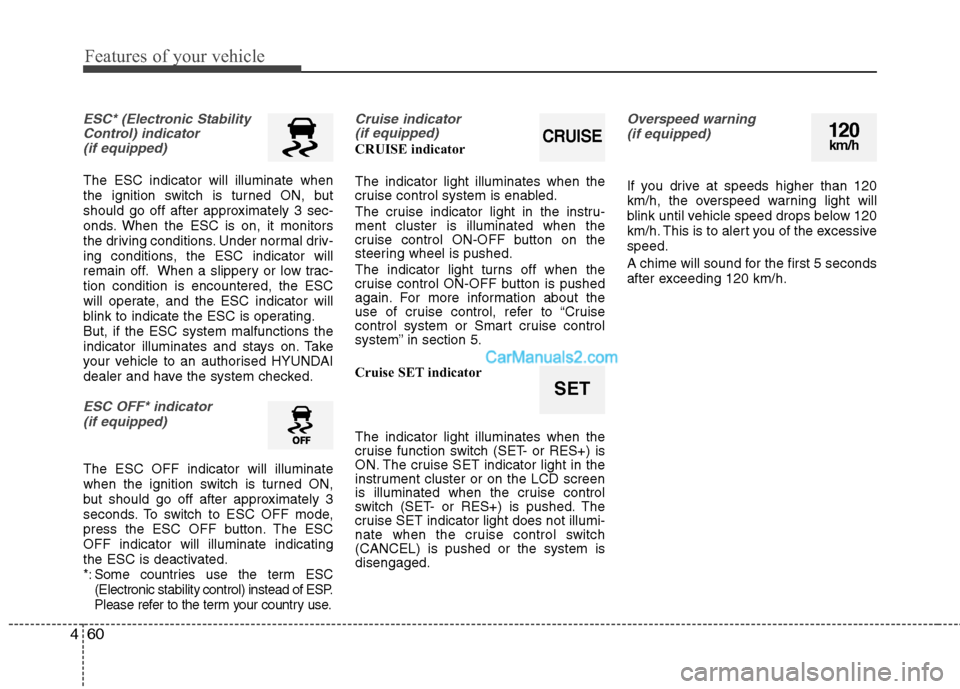 Hyundai Sonata 2012 Owners Manual - RHD (UK, Australia) Features of your vehicle
60
4
ESC* (Electronic Stability
Control) indicator (if equipped)
The ESC indicator will illuminate when
the ignition switch is turned ON, but
should go off after approximatel Hyundai Sonata 2012 Owners Manual - RHD (UK, Australia) Features of your vehicle
60
4
ESC* (Electronic Stability
Control) indicator (if equipped)
The ESC indicator will illuminate when
the ignition switch is turned ON, but
should go off after approximatel