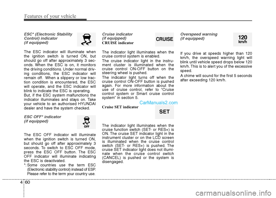 Hyundai Sonata Features of your vehicle
60
4
ESC* (Electronic Stability
Control) indicator (if equipped)
The ESC indicator will illuminate when 
the ignition switch is turned ON, but
should go off after approximatel