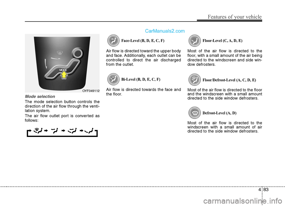 Hyundai Sonata 2012 Owners Manual - RHD (UK, Australia) 483
Features of your vehicle
Mode selection
The mode selection button controls the
direction of the air flow through the venti-lation system.
The air flow outlet port is converted as
follows:
Face- Hyundai Sonata 2012 Owners Manual - RHD (UK, Australia) 483
Features of your vehicle
Mode selection
The mode selection button controls the
direction of the air flow through the venti-lation system.
The air flow outlet port is converted as
follows:
Face-