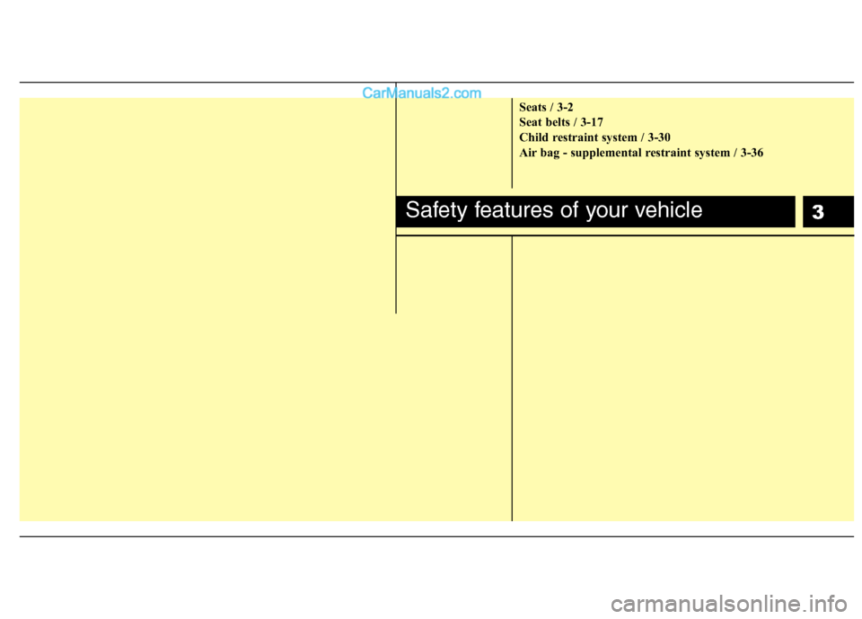 Hyundai Sonata 2012  Owners Manual - RHD (UK, Australia) 3
Seats / 3-2 
Seat belts / 3-17
Child restraint system / 3-30
Air bag - supplemental restraint system / 3-36
Safety features of your vehicle  