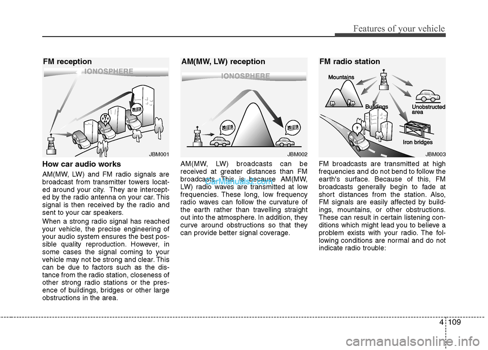 Hyundai Sonata 2012 Owners Manual - RHD (UK, Australia) 4109
Features of your vehicle
How car audio works
AM(MW, LW) and FM radio signals are
broadcast from transmitter towers locat-
ed around your city. They are intercept-
ed by the radio antenna on you Hyundai Sonata 2012 Owners Manual - RHD (UK, Australia) 4109
Features of your vehicle
How car audio works
AM(MW, LW) and FM radio signals are
broadcast from transmitter towers locat-
ed around your city. They are intercept-
ed by the radio antenna on you