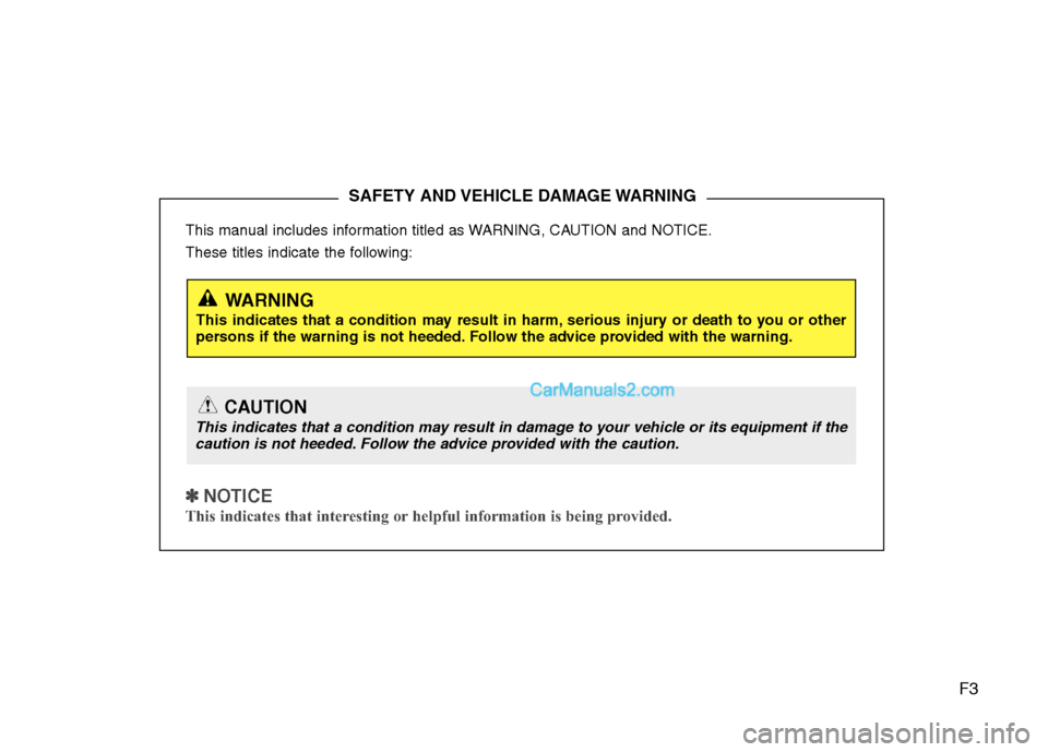 Hyundai Sonata F3
This manual includes information titled as WARNING, CAUTION and NOTICE. 
These titles indicate the following:
✽✽
  
NOTICE
This indicates that interesting or helpful information is being provid