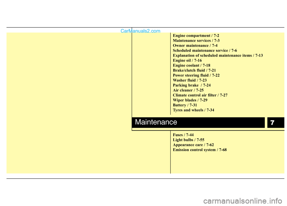 Hyundai Sonata 2012 Owners Manual - RHD (UK, Australia) 7
Engine compartment / 7-2
Maintenance services / 7-3
Owner maintenance / 7-4
Scheduled maintenance service / 7-6
Explanation of scheduled maintenance items / 7-13
Engine oil / 7-16
Engine coolant / Hyundai Sonata 2012 Owners Manual - RHD (UK, Australia) 7
Engine compartment / 7-2
Maintenance services / 7-3
Owner maintenance / 7-4
Scheduled maintenance service / 7-6
Explanation of scheduled maintenance items / 7-13
Engine oil / 7-16
Engine coolant /