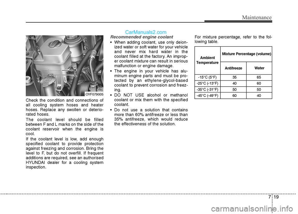 Hyundai Sonata 2012 Owners Manual - RHD (UK, Australia) 719
Maintenance
Check the condition and connections of all cooling system hoses and heater
hoses. Replace any swollen or deterio-
rated hoses.
The coolant level should be filled
between F and L mark Hyundai Sonata 2012 Owners Manual - RHD (UK, Australia) 719
Maintenance
Check the condition and connections of all cooling system hoses and heater
hoses. Replace any swollen or deterio-
rated hoses.
The coolant level should be filled
between F and L mark