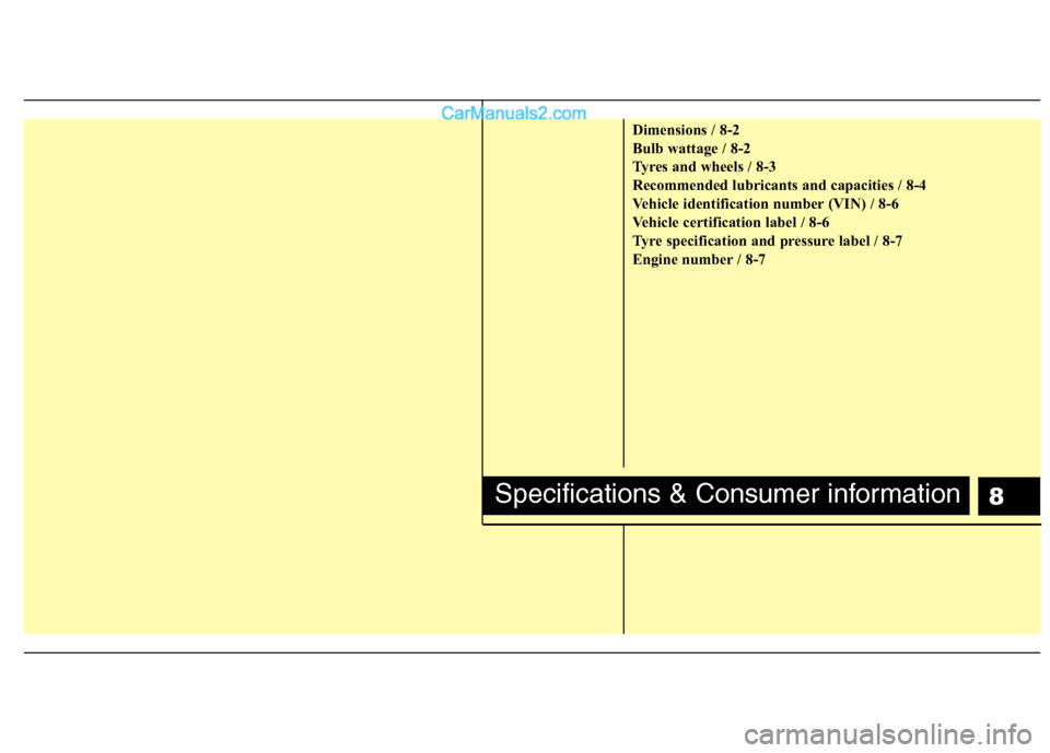 Hyundai Sonata 2012 Owners Manual - RHD (UK, Australia) 8
Dimensions / 8-2
Bulb wattage / 8-2
Tyres and wheels / 8-3
Recommended lubricants and capacities / 8-4
Vehicle identification number (VIN) / 8-6
Vehicle certification label / 8-6
Tyre specification Hyundai Sonata 2012 Owners Manual - RHD (UK, Australia) 8
Dimensions / 8-2
Bulb wattage / 8-2
Tyres and wheels / 8-3
Recommended lubricants and capacities / 8-4
Vehicle identification number (VIN) / 8-6
Vehicle certification label / 8-6
Tyre specification