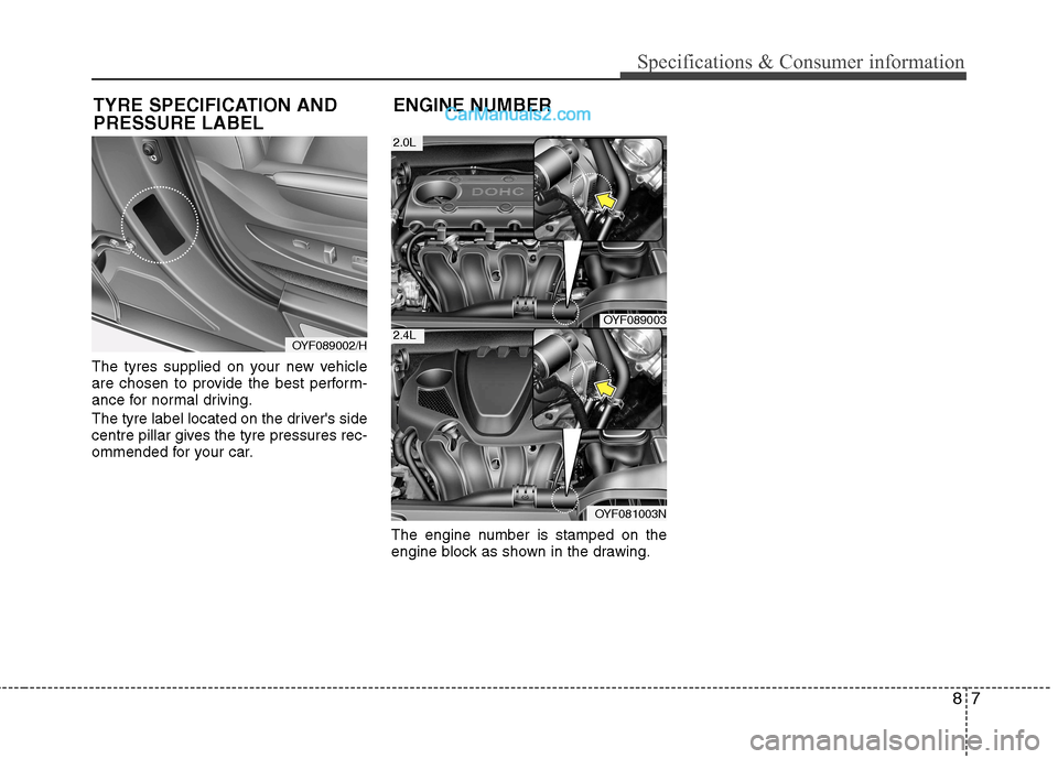 Hyundai Sonata 2012 Owners Manual - RHD (UK, Australia) 87
Specifications & Consumer information
The tyres supplied on your new vehicle
are chosen to provide the best perform-
ance for normal driving.
The tyre label located on the drivers side
centre p Hyundai Sonata 2012 Owners Manual - RHD (UK, Australia) 87
Specifications & Consumer information
The tyres supplied on your new vehicle
are chosen to provide the best perform-
ance for normal driving.
The tyre label located on the drivers side
centre p