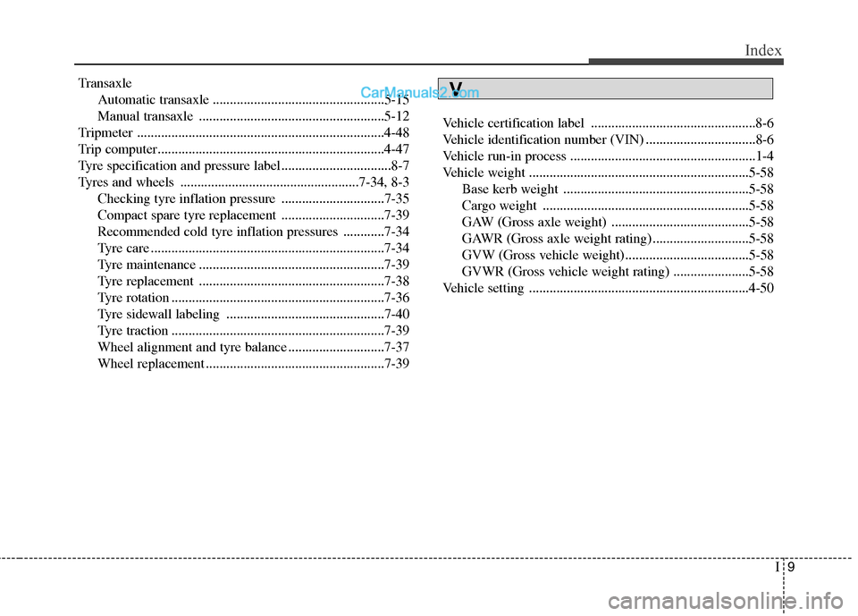 Hyundai Sonata 2012 Owners Manual - RHD (UK, Australia) I9
Index
Transaxle
Automatic transaxle ..................................................5-15
Manual transaxle ......................................................5-12
Tripmeter ................... Hyundai Sonata 2012 Owners Manual - RHD (UK, Australia) I9
Index
Transaxle
Automatic transaxle ..................................................5-15
Manual transaxle ......................................................5-12
Tripmeter ...................