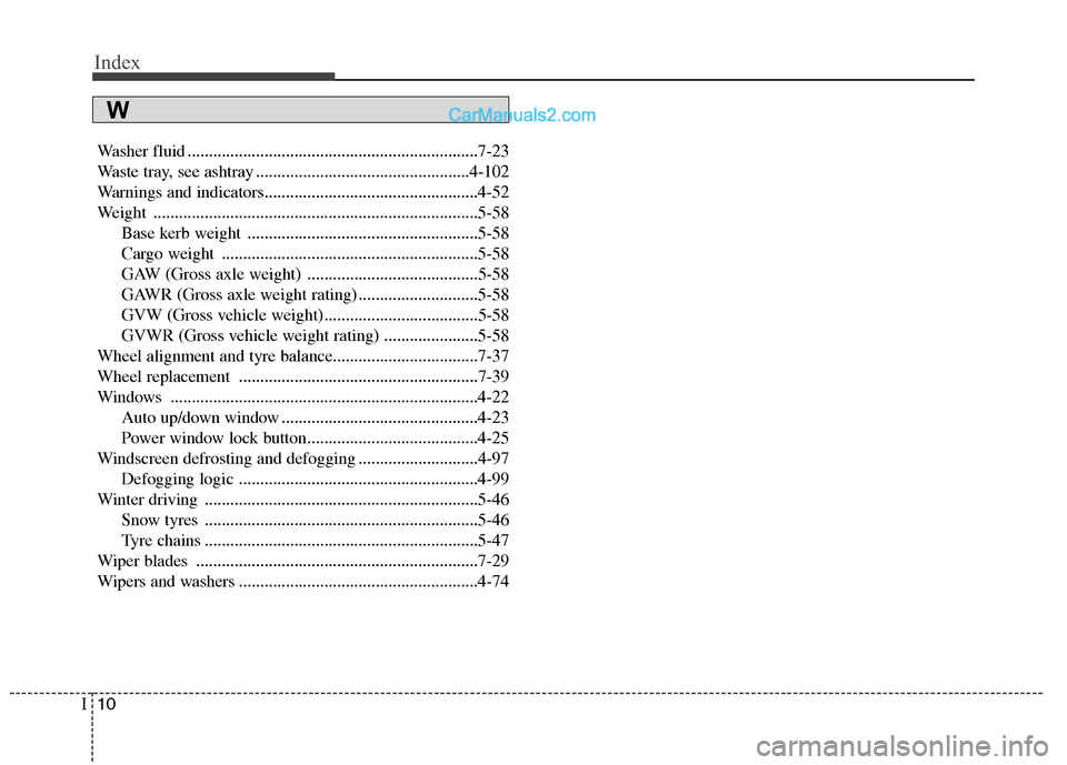 Hyundai Sonata Index
10
I
Washer fluid ....................................................................7-23 
Waste tray, see ashtray ..................................................4-102
Warnings and indicator