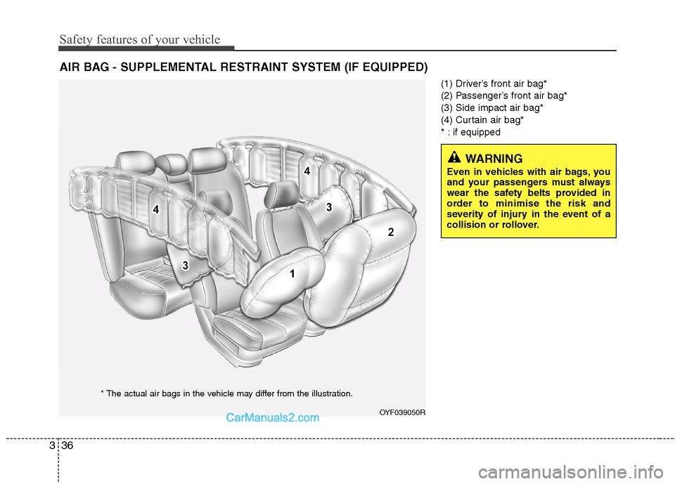 Hyundai Sonata 2012 - RHD (UK, Australia) Workshop Manual Safety features of your vehicle
36
3
(1) Driver’s front air bag*
(2) Passenger’s front air bag*(3) Side impact air bag*
(4) Curtain air bag*
* : if equipped
AIR BAG - SUPPLEMENTAL RESTRAINT SYSTE Hyundai Sonata 2012 - RHD (UK, Australia) Workshop Manual Safety features of your vehicle
36
3
(1) Driver’s front air bag*
(2) Passenger’s front air bag*(3) Side impact air bag*
(4) Curtain air bag*
* : if equipped
AIR BAG - SUPPLEMENTAL RESTRAINT SYSTE
