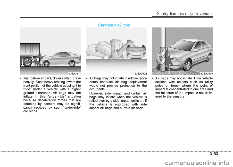 Hyundai Sonata 353
Safety features of your vehicle
 Just before impact, drivers often brakeheavily. Such heavy braking lowers the 
front portion of the vehicle causing it to
“ride” under a vehicle with a higher
