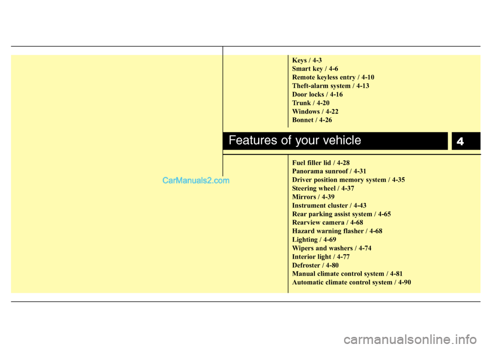 Hyundai Sonata 4
Keys / 4-3 
Smart key / 4-6
Remote keyless entry / 4-10
Theft-alarm system / 4-13
Door locks / 4-16
Trunk / 4-20
Windows / 4-22
Bonnet / 4-26 
Fuel filler lid / 4-28 
Panorama sunroof / 4-31
Driver 