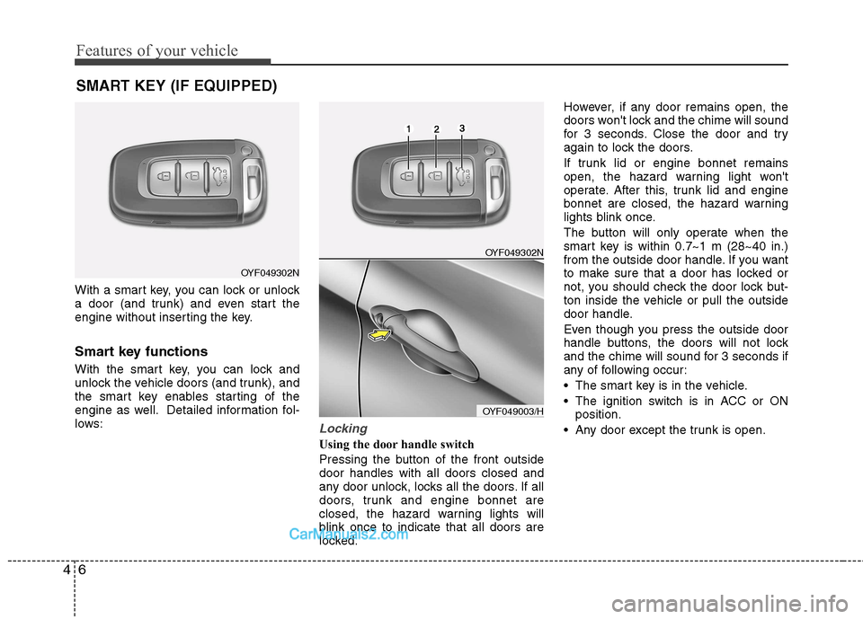 Hyundai Sonata 2012  Owners Manual - RHD (UK, Australia) Features of your vehicle
6
4
With a smart key, you can lock or unlock 
a door (and trunk) and even start the
engine without inserting the key. 
Smart key functions 
With the smart key, you can lock an