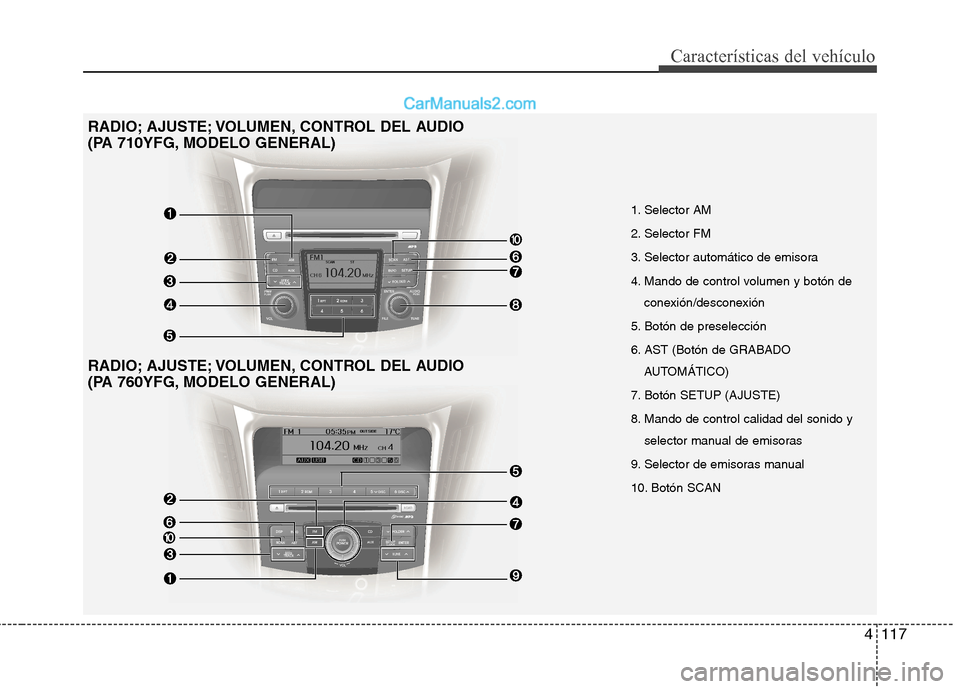 Hyundai Sonata 4117
Características del vehículo
RADIO; AJUSTE; VOLUMEN, CONTROL DEL AUDIO
(PA 710YFG, MODELO GENERAL)
RADIO; AJUSTE; VOLUMEN, CONTROL DEL AUDIO
(PA 760YFG, MODELO GENERAL)1. Selector AM
2. S Hyundai Sonata 4117
Características del vehículo
RADIO; AJUSTE; VOLUMEN, CONTROL DEL AUDIO
(PA 710YFG, MODELO GENERAL)
RADIO; AJUSTE; VOLUMEN, CONTROL DEL AUDIO
(PA 760YFG, MODELO GENERAL)1. Selector AM
2. S