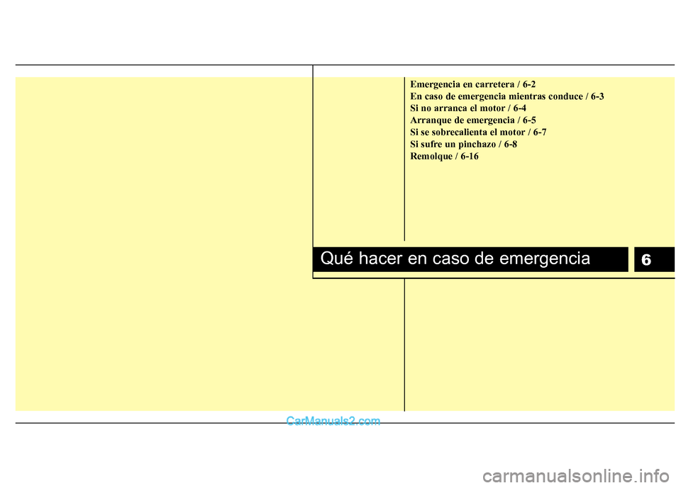 Hyundai Sonata 6
Emergencia en carretera / 6-2 En caso de emergencia mientras conduce / 6-3
Si no arranca el motor / 6-4Arranque de emergencia / 6-5
Si se sobrecalienta el motor / 6-7
Si sufre un pinchazo / 6-8Remol Hyundai Sonata 6
Emergencia en carretera / 6-2 En caso de emergencia mientras conduce / 6-3
Si no arranca el motor / 6-4Arranque de emergencia / 6-5
Si se sobrecalienta el motor / 6-7
Si sufre un pinchazo / 6-8Remol